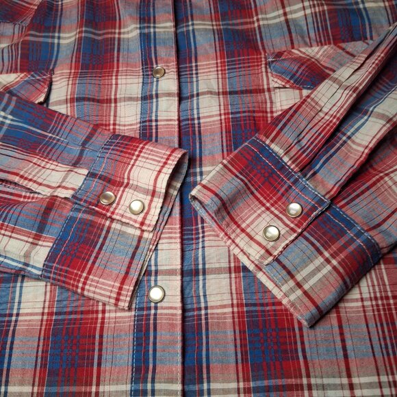 Wrangler Wrancher Shirt Women XL Western Pearl Snap Red Blue Plaid Rodeo Ranch - Picture 11 of 14